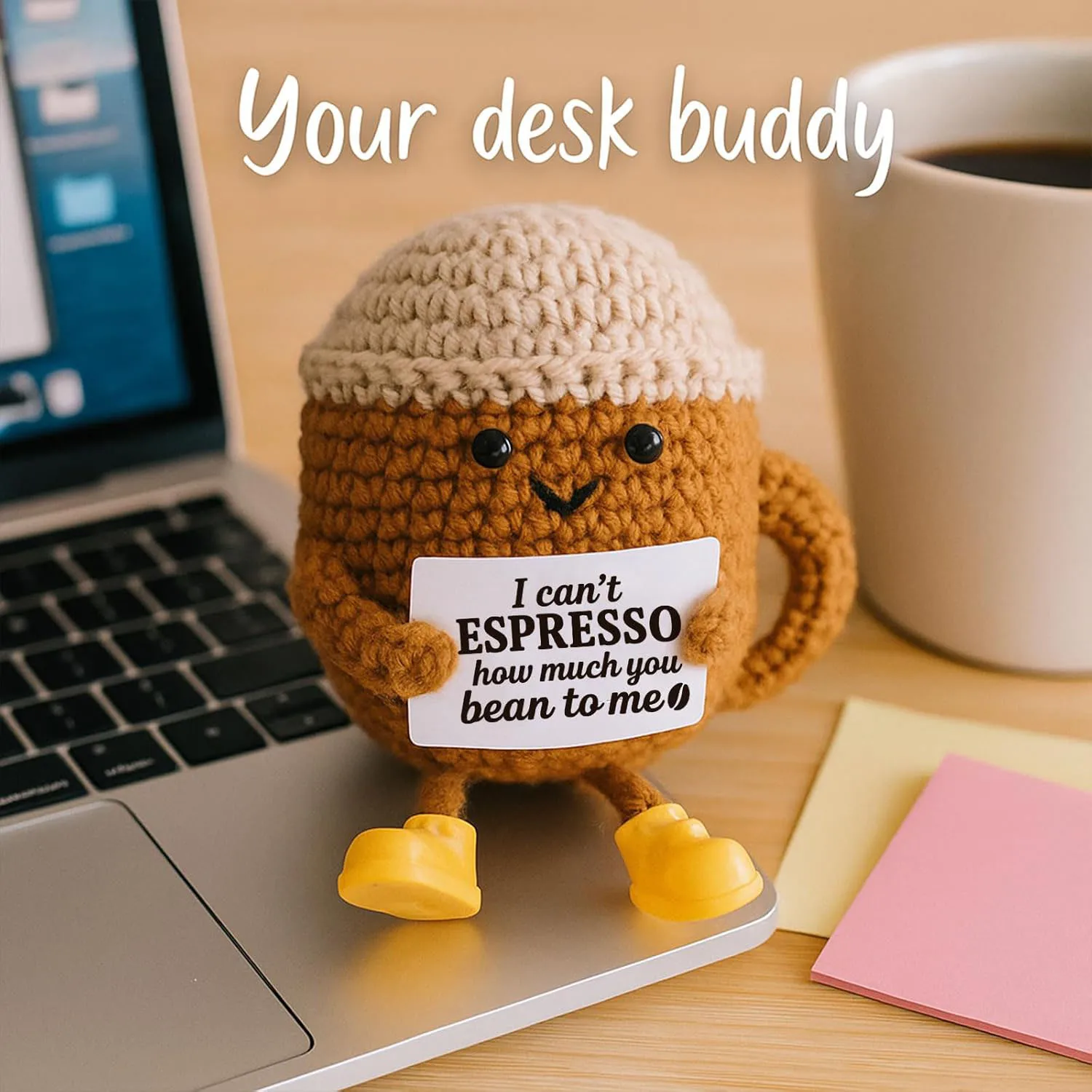 Funny Crochet Emotional Support Coffee Doll With Card Desktop Ornament Handmade Knitted Coffee Dolls Christmas Gifts Home Decor - Image 4