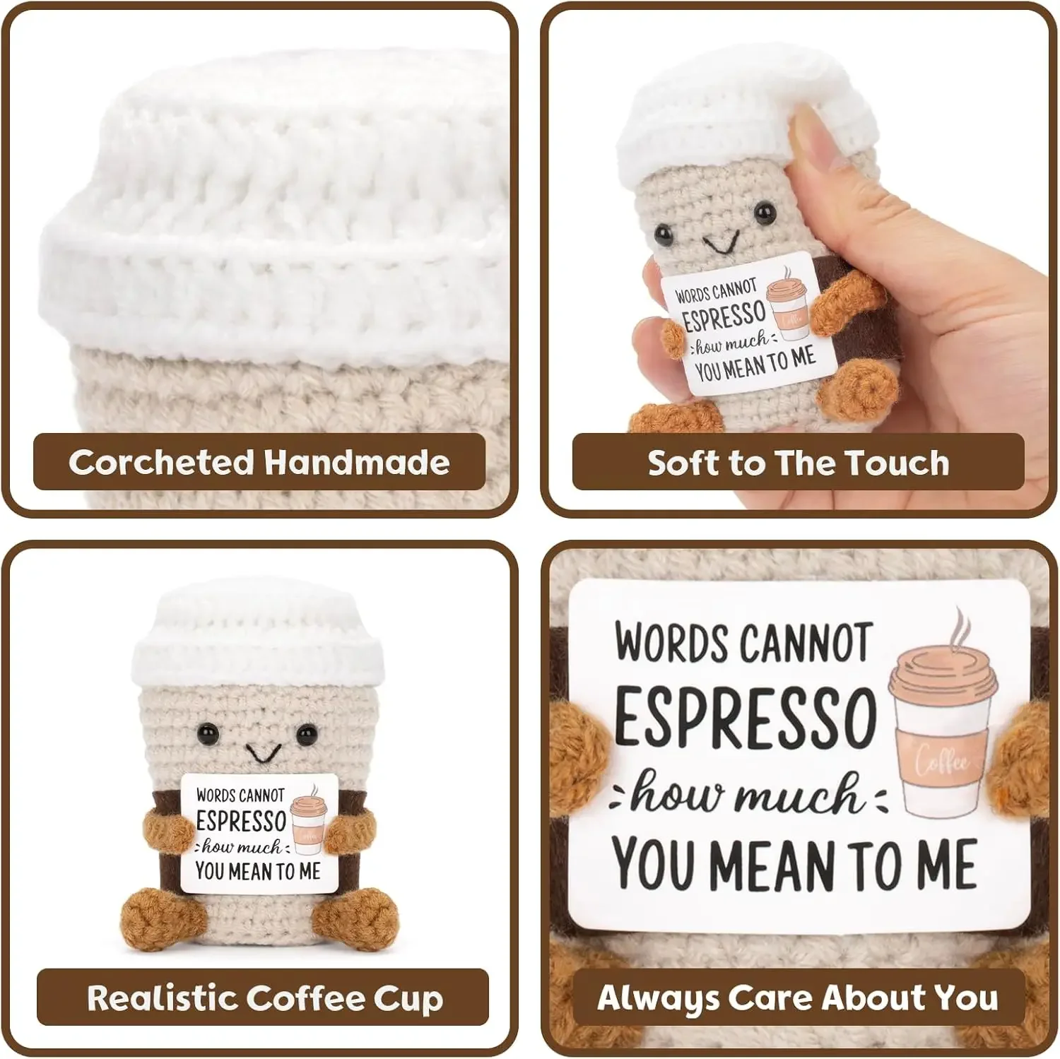 Funny Crochet Emotional Support Coffee Doll With Card Desktop Ornament Handmade Knitted Coffee Dolls Christmas Gifts Home Decor - Image 2