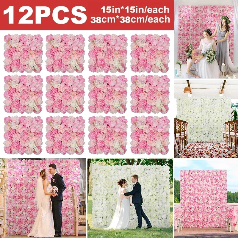 12PCS Artificial Flowers Roses Wall Panel 3D Flower Backdrop Faux Roses for Wall Party Wedding Bridal Shower Outdoor Decoration - Image 2