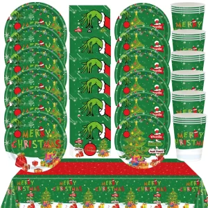 82Pcs Christmas Theme Grinch Party Tableware Set Paper Plates Cups Banners Tablecloth Merry Christmas Decorations Party Supplies