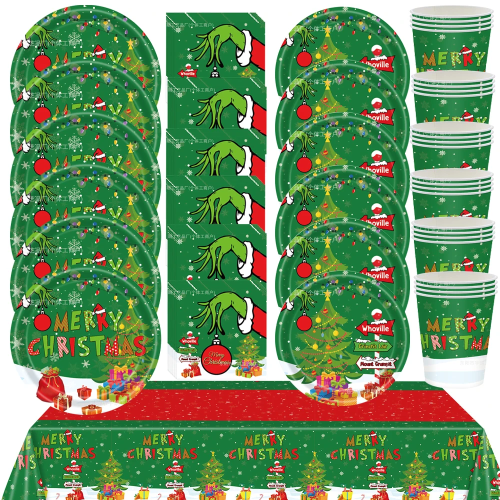 82Pcs Christmas Theme Grinch Party Tableware Set Paper Plates Cups Banners Tablecloth Merry Christmas Decorations Party Supplies