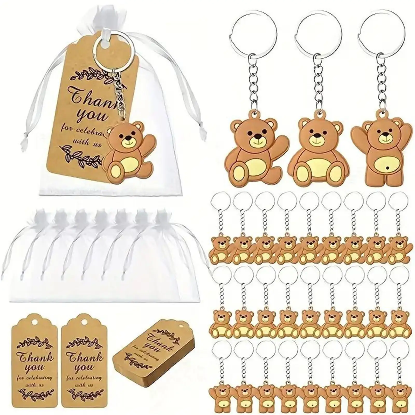 90 Sets Baby Shower Souvenirs Gift Bear Keychain with Organza Bag Thank You Kraft Tag for Guests Girl Boy Birthday Party Supply - Image 6