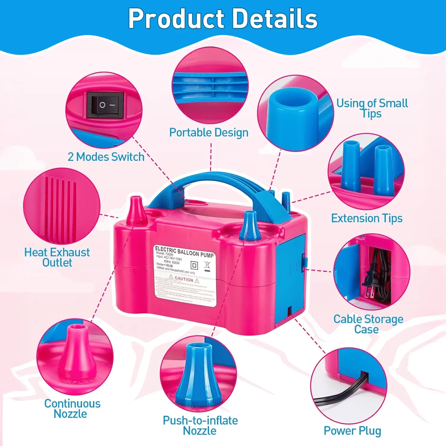 Double Nozzle Electric Balloon Inflation Pump, 600W Portable Balloon Pump for All Balloon Arch Party Birthday Wedding Decoration - Image 4