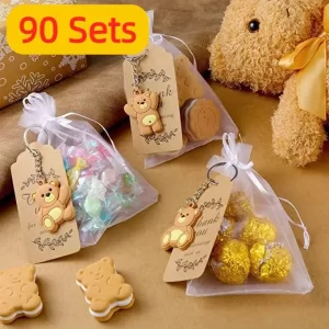 90 Sets Baby Shower Souvenirs Gift Bear Keychain with Organza Bag Thank You Kraft Tag for Guests Girl Boy Birthday Party Supply