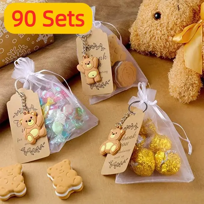 90 Sets Baby Shower Souvenirs Gift Bear Keychain with Organza Bag Thank You Kraft Tag for Guests Girl Boy Birthday Party Supply